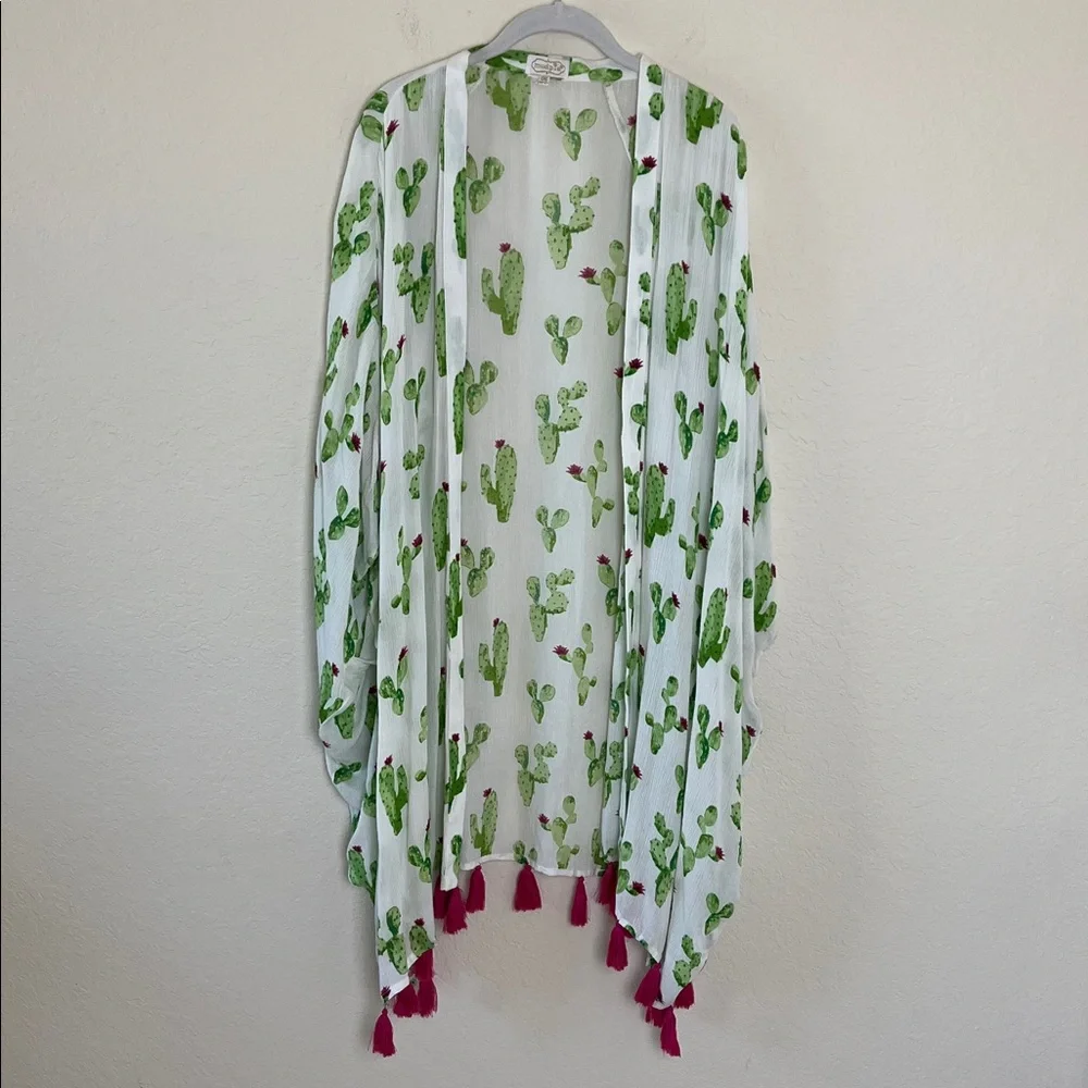Mud Pie Caitlin Tassel Kimono Cactus Lime Green Pink Beach Cover Up